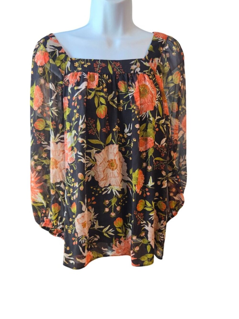 LC Lauren Conrad Womens XL Black Floral Square Neck Blouse Cottagecore Puff Slee